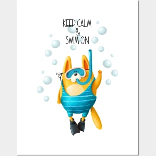 Keep Calm and Swim On Funny Cat Diver Posters and Art